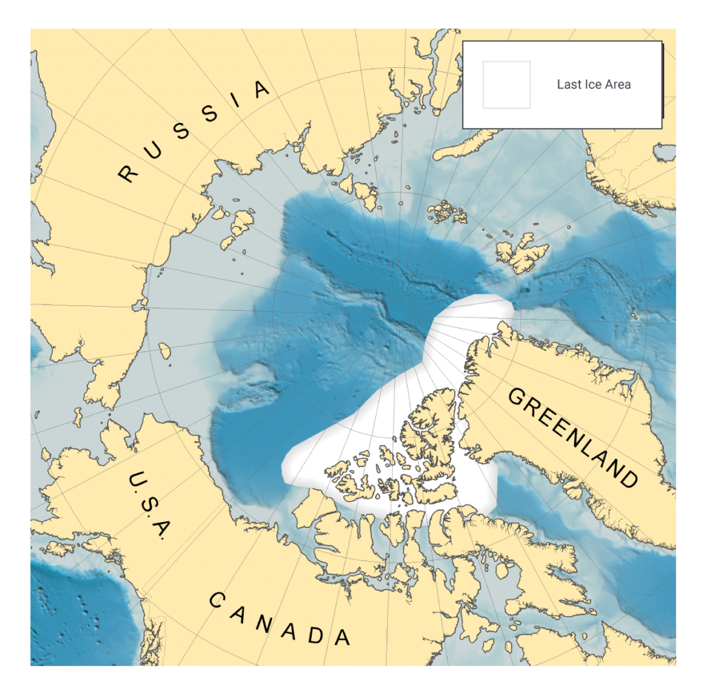 Map showing the location of the last sea ice area in the Arctic during the summer months, determined from climate model projections. The last ice area is composed of regions immediately north of Greenland and the Canadian Arctic Archipelago, as well as areas between the northern islands of the archipelago.