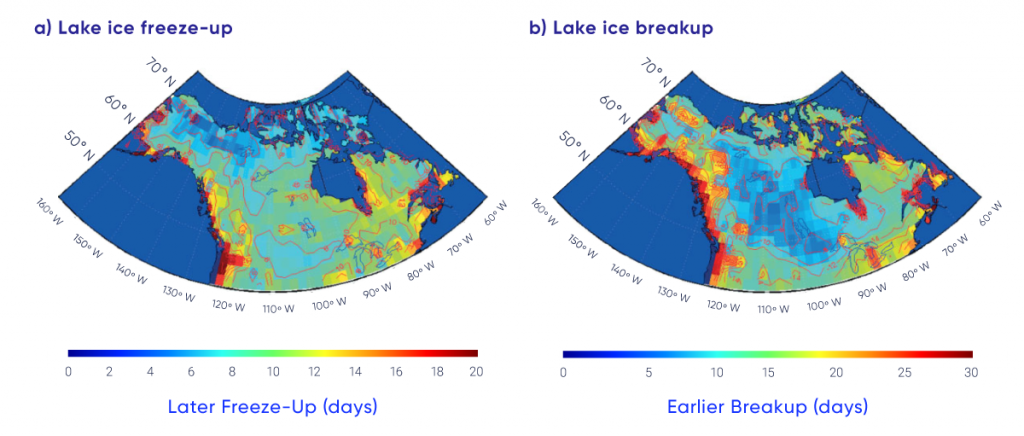 Maps of projected change in lake ice freeze-up and breakup dates across Canada for 2041–2070 compared to a reference period of 1961–1990. Later freeze-up and earlier breakup are projected across the entire country, with the greatest change in coastal areas.