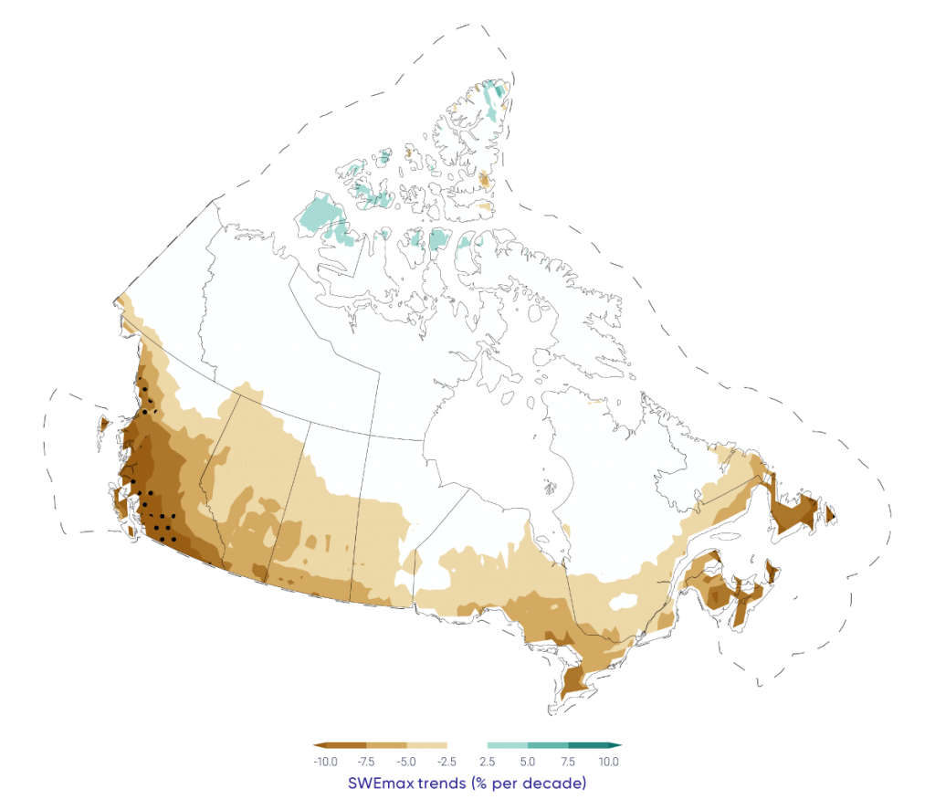 Map showing projected trends in pre-melt maximum snow water equivalent (SWEmax) across Canada, 2020–2050, for Canadian land areas. Trends are calculated from the multi-model mean of an ensemble climate models (Coupled Model Intercomparison Project - CMIP5), using a high emission scenario (RCP8.5). SWEmax is projected to decrease for all of southern Canada.