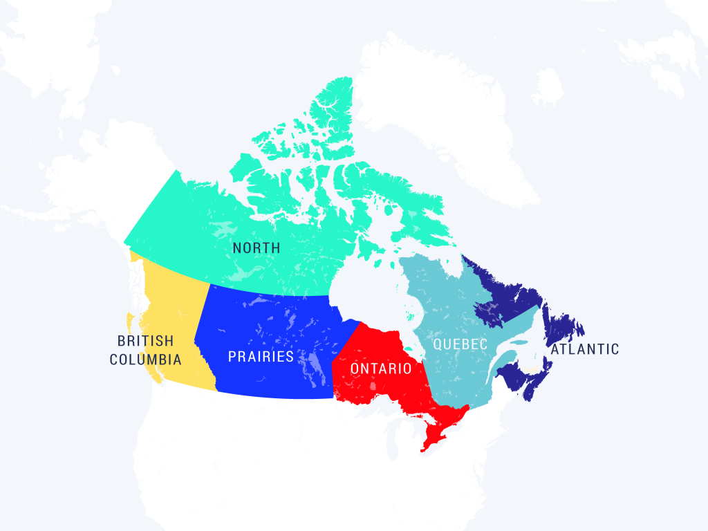 A map of Canada is shown with coloured areas representing six regions of Canada. These six regions are defined by the political boundaries of the provinces and territories of Canada and match the regions analyzed in Canada’s Third National Assessment. The North region includes Yukon, Northwest Territories, and Nunavut. The Prairie region includes the provinces of Alberta, Saskatchewan, and Manitoba. The Atlantic region includes the provinces of New Brunswick, Nova Scotia, Prince Edward Island, and Newfoundland and Labrador. The remaining three regions encompass single provinces only (British Columbia, Ontario, and Quebec).