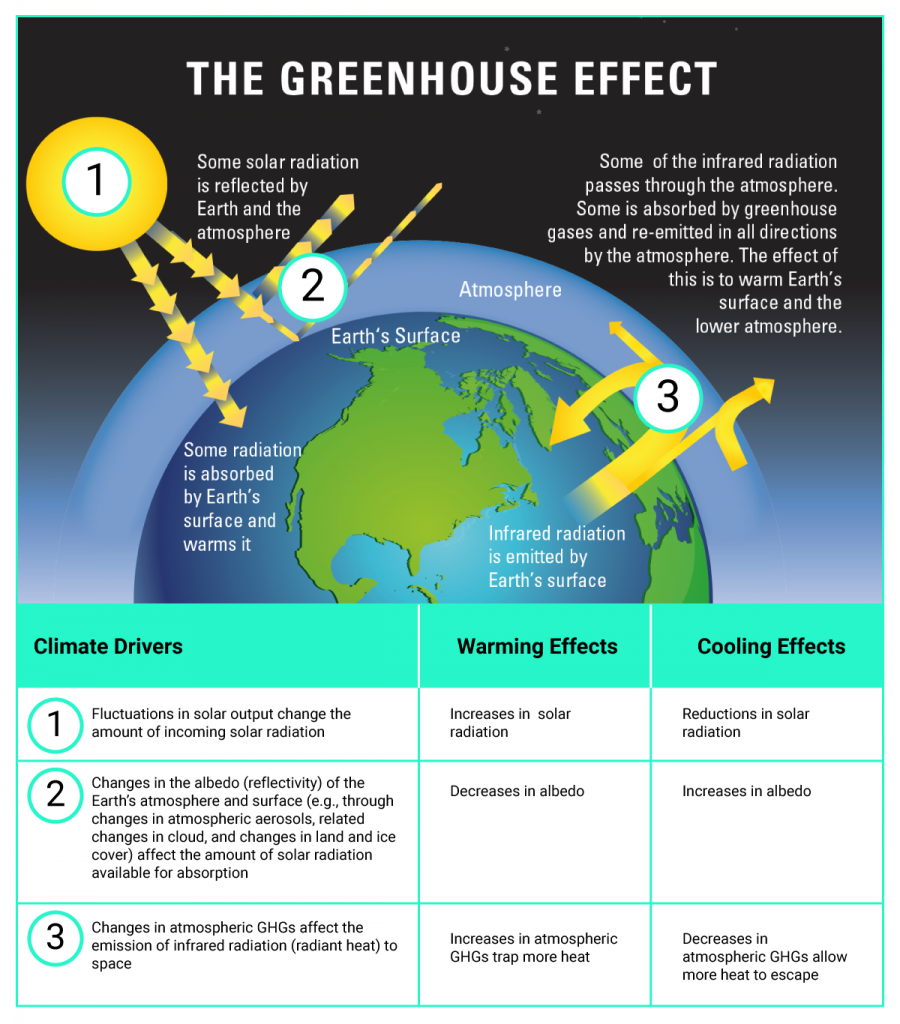 This is a composite figure that includes a schematic of the greenhouse effect in the upper panel and a table in the lower panel elaborating how changes in natural and anthropogenic climate drivers can have climate-warming and climate-cooling effects. The schematic of the greenhouse effect illustrates how some of the sun’s energy is reflected back to space, but the rest is absorbed by the atmosphere, land, and ocean and re-emitted as longwave radiation (radiant heat). Some of this radiant heat is absorbed and then re-emitted by greenhouse gases in the lower atmosphere, trapping heat in the lower atmosphere and reducing how much is radiated to outer space. The table states that increases in the amount of incoming solar radiation, decreases in the reflectivity of Earth and increases in the heat-trapping capacity of the atmosphere have warming effects. In contrast, decreases in the amount of incoming solar radiation, increases in the reflectivity of Earth, and decreases in the heat-trapping capacity of the atmosphere have cooling effects.