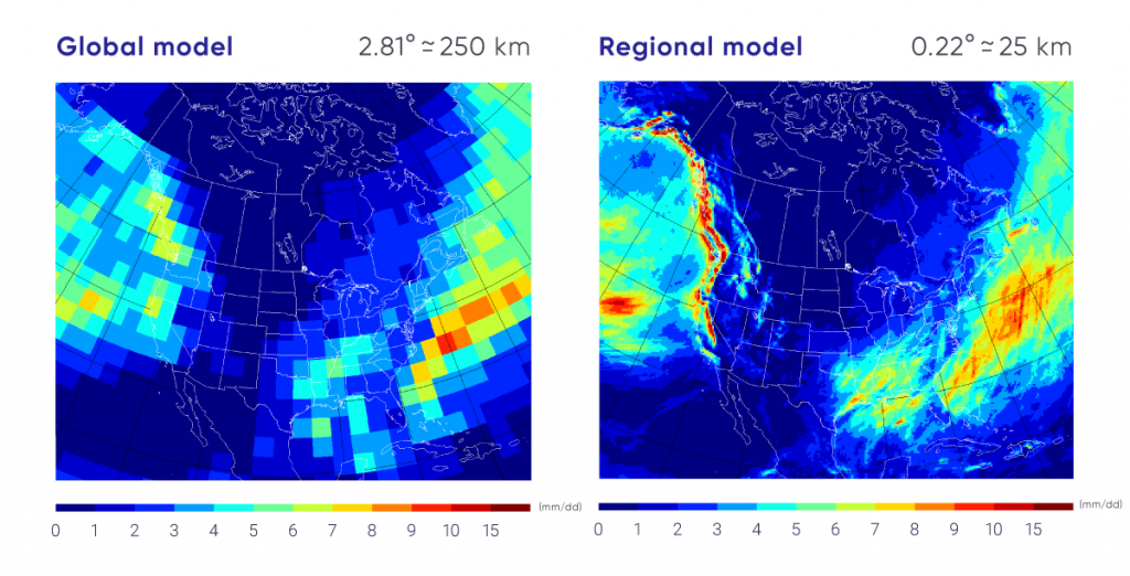 The left panel shows a map of North America covered by coloured squares, illustrating the precipitation simulated by a global model for a particular month — the coarse resolution is clearly evident by the large coloured squares. The right panel shows the same map of North America, but this time with monthly precipitation simulated by a 25 km resolution regional model. The colour scales are the same, but in this case the fine detail provided by a regional model is clearly evident, with intense precipitation over the mountain areas of British Columbia, for example.