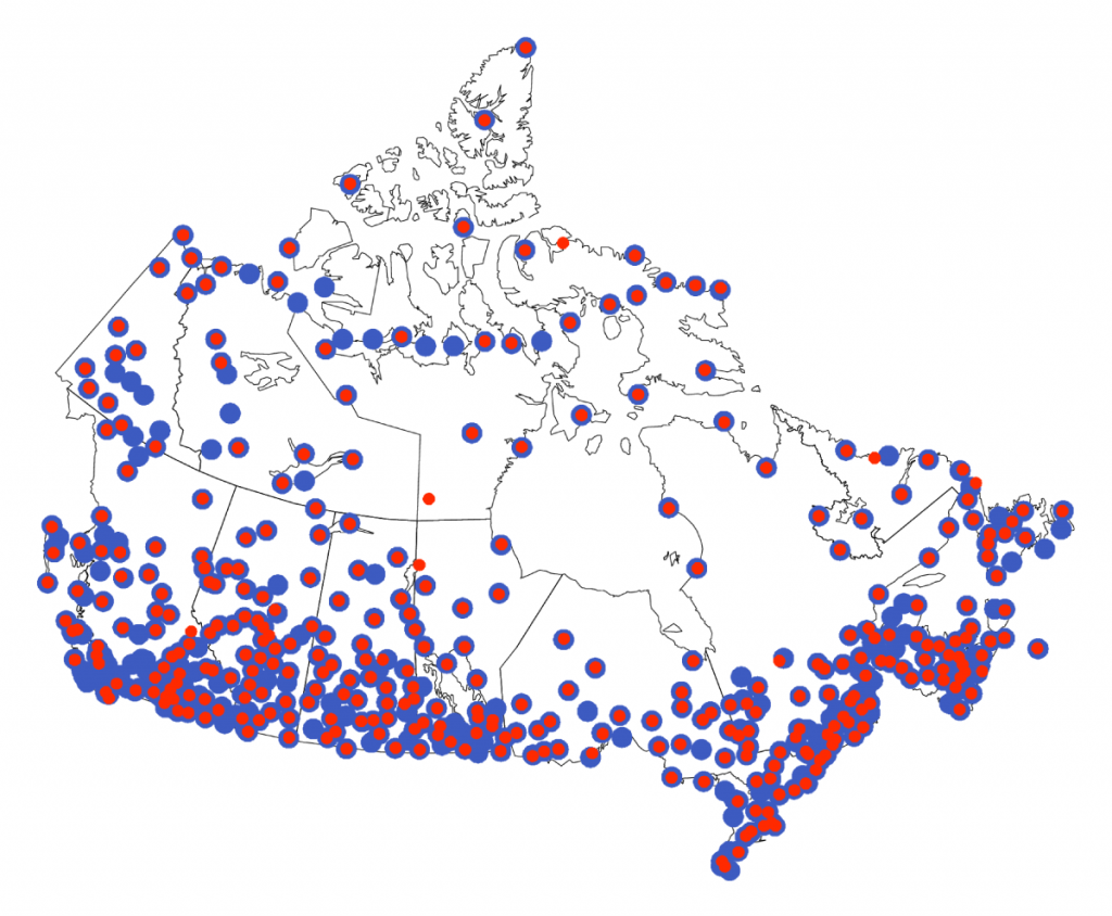 This figure shows a map of Canada, with numerous red and blue dots indicating the location of observing stations (red for temperature; blue for precipitation). The density of dots is much higher in southern Canada than it is in the North.