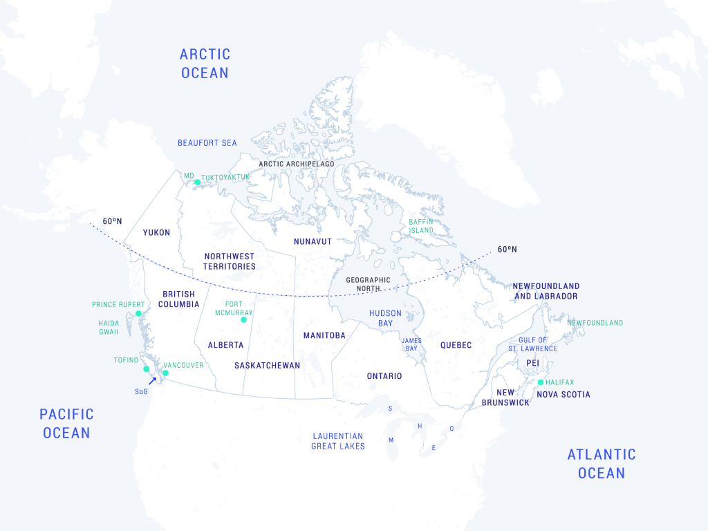 The map shows land, freshwater and marine locations in Canada mentioned in this chapter, as a reference for place names.