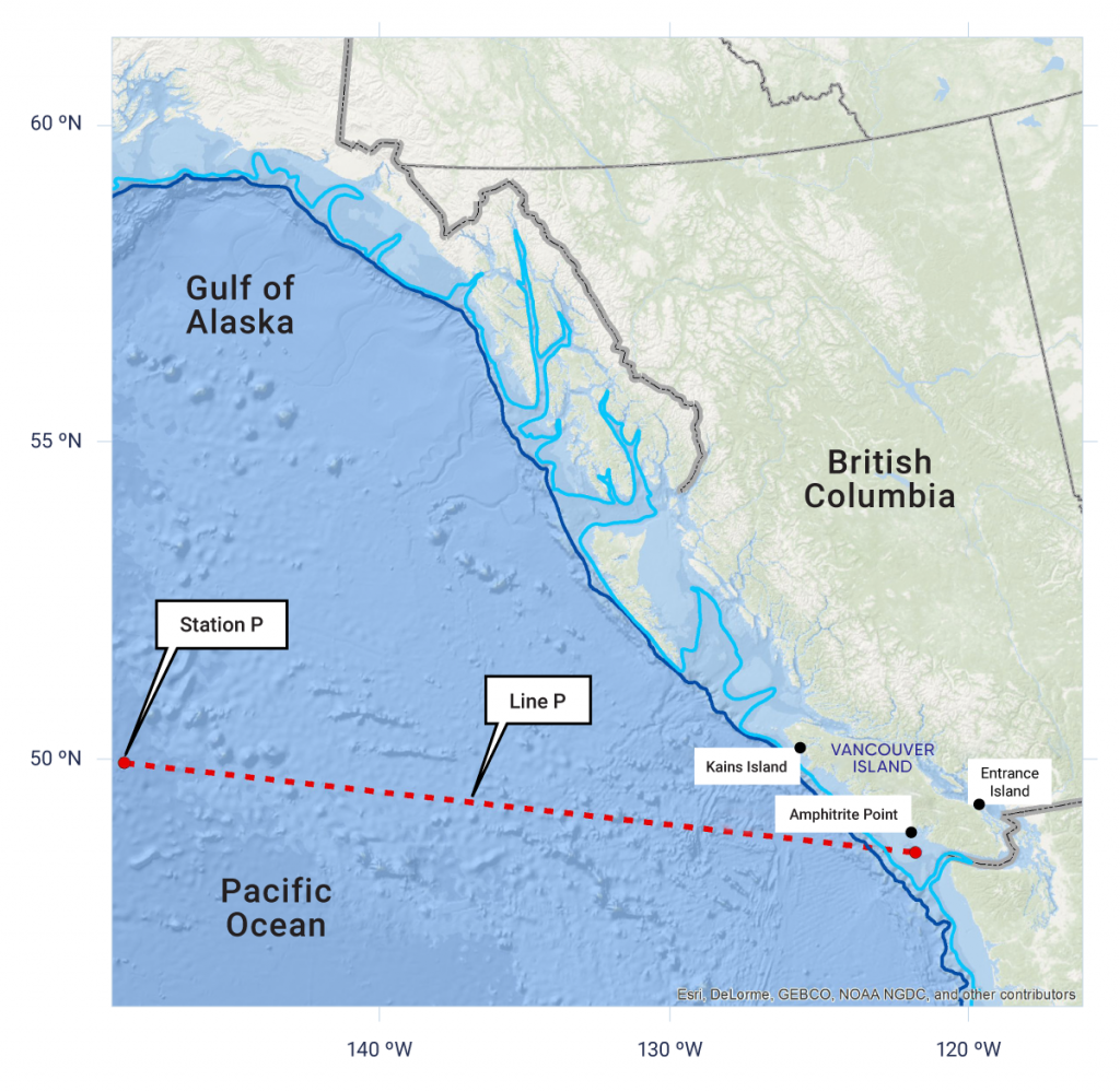 Map showing locations of British Columbia Shore Station Oceanographic Program sites on the east (Entrance Island) and west (Amphitrite Point and Kains Island) coasts of Vancouver Island. Offshore ocean temperature, salinity and other observations are collected by the DFO Line P monitoring program extending out to Station P, which is the former location of the Ocean Weather Station Papa, about 1,400 km west of Vancouver Island.