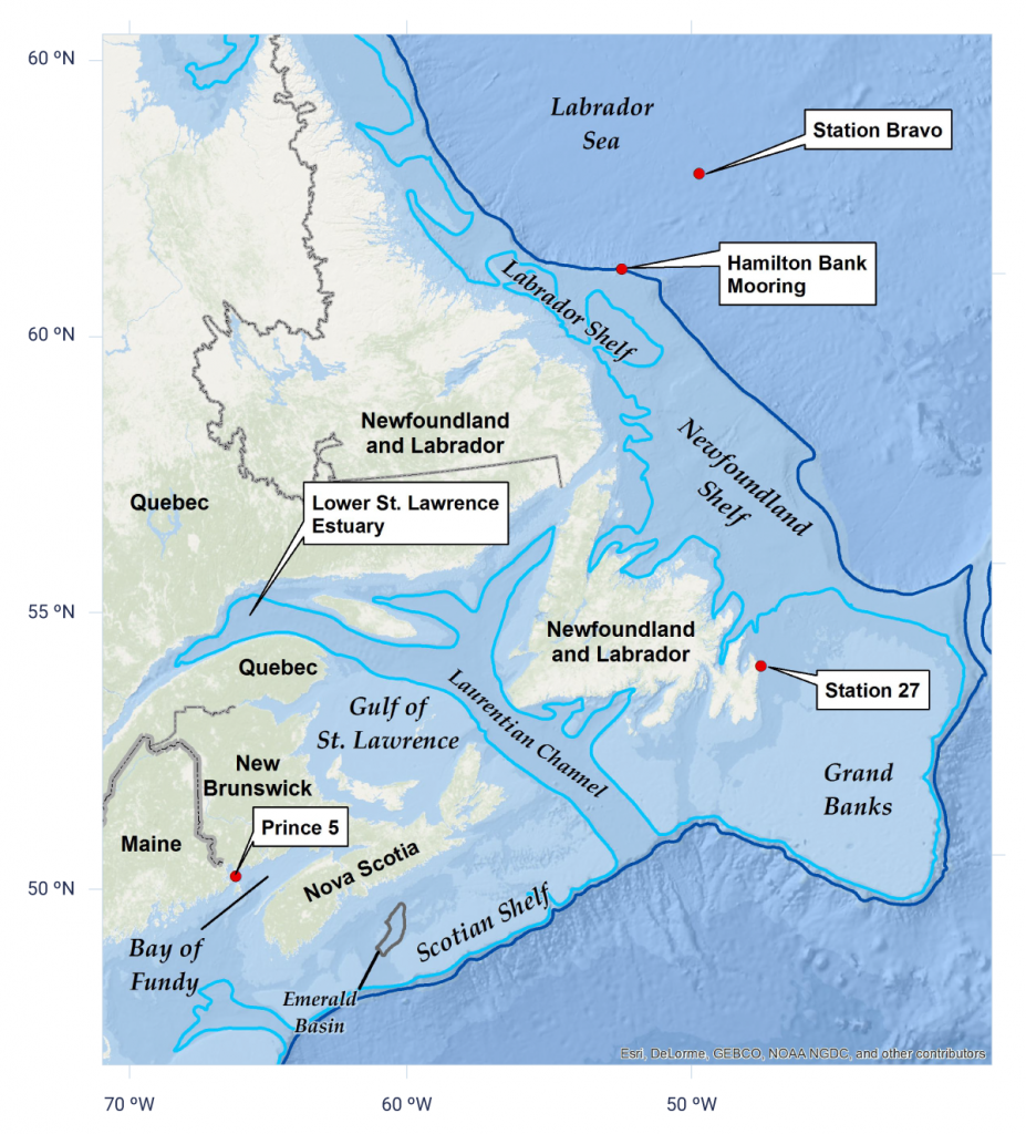 identifying areas of the Northwest Atlantic Ocean in which temperature and salinity time series are presented in this report. These areas include the Labrador Sea, Newfoundland Shelf, Scotian Shelf, Gulf of St. Lawrence, and Bay of Fundy. Ocean observations are collected by DFO Atlantic zone monitoring programs.