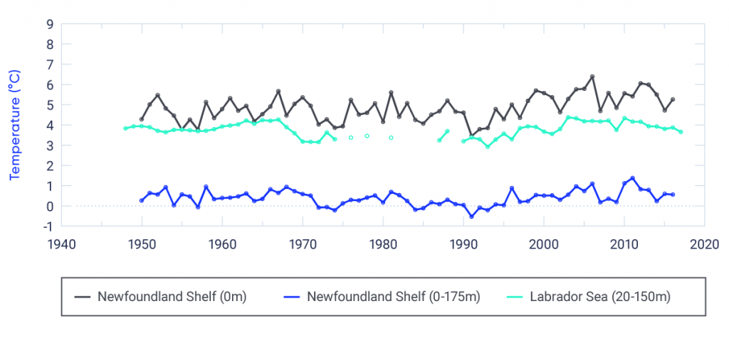 Three time series of ocean temperature in the Newfoundland Shelf and Labrador Sea collected by DFO monitoring programs. Sea surface temperature on the Newfoundland Shelf at AZMP Station 27 near St. John’s increased by 0.13°C per decade, significant at 1% level (there is only a 1% possibility that this trend is due to chance) over the period 1950 to 2016. No long-term increase in ocean temperature averaged over depths of 0 to 175 m was observed from 1950 to 2016 at this site. Upper-ocean temperature, averaged over depths from 20 to 150 m of the central Labrador Sea basin (OWS Bravo), does not demonstrate long-term warming over the period 1948 to 2016.