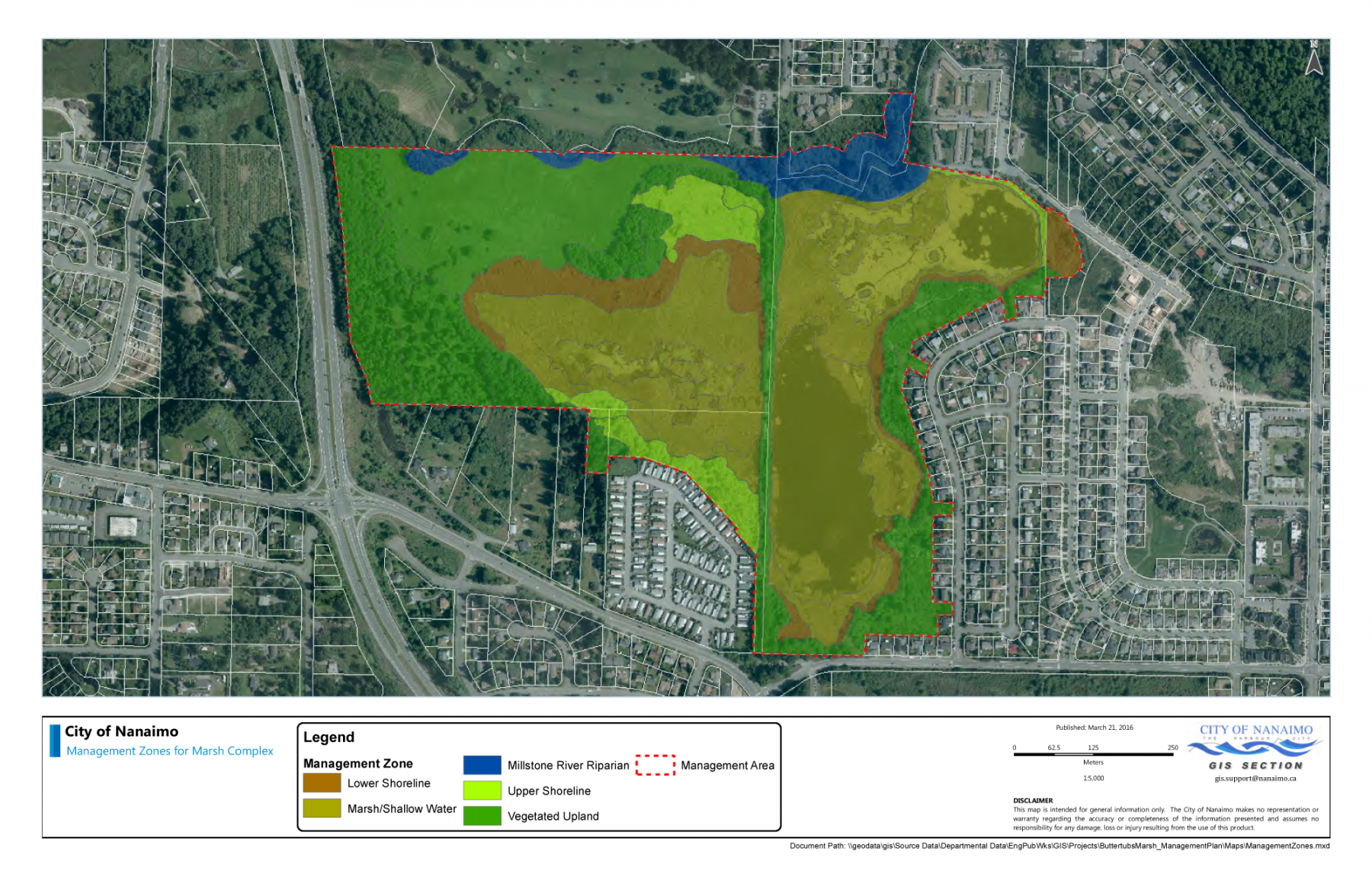 Aerial photo of the Buttertubs Marsh Conservation Area appears in the centre of this urban environment in Nanaimo, British Columbia.