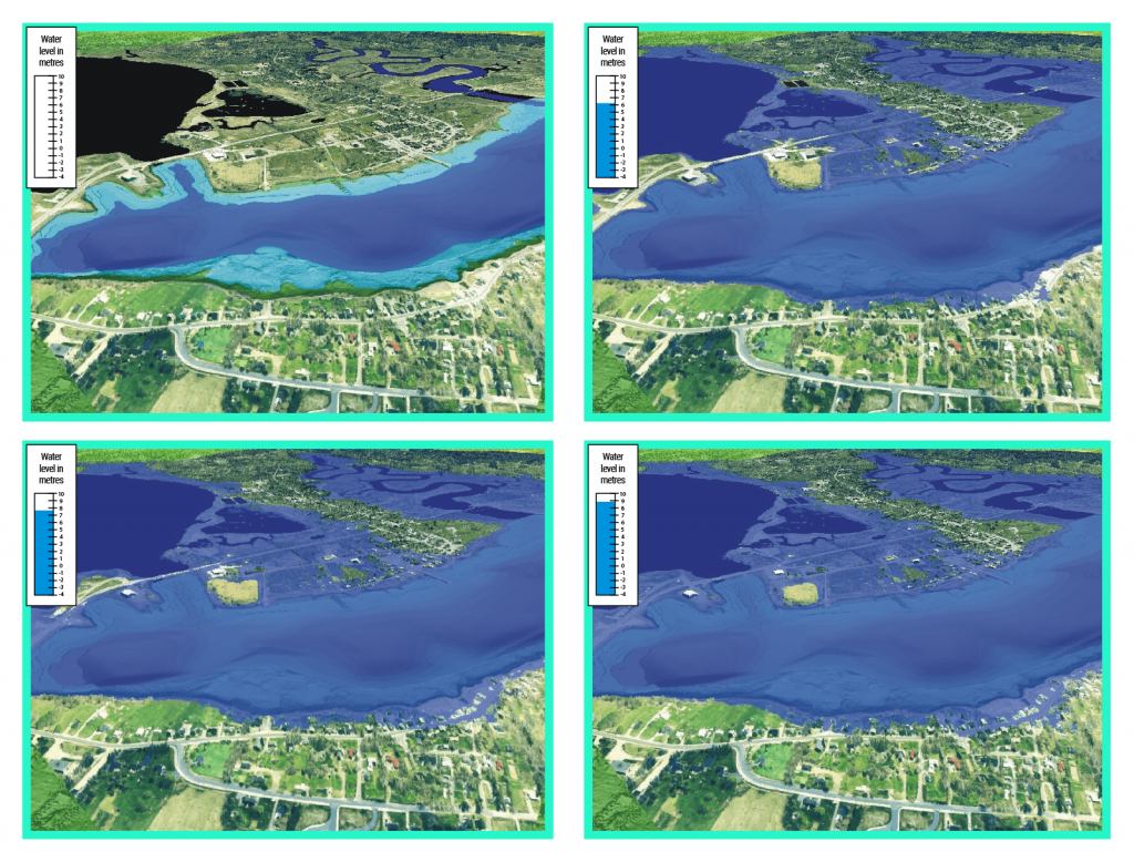 Computer generated birds-eye view of flood-risk mapping in Annapolis Royal, Nova Scotia. The simulation shows the floodwater extent from storm water surge resulting in the fire department being cut-off from the rest of the community.