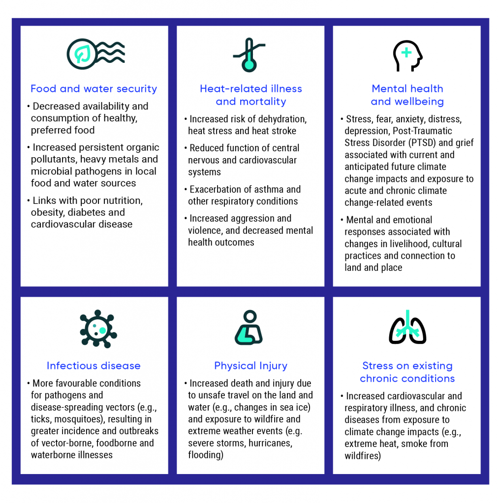 Graphic showing the six key climate-change related health challenges which are: food and water security; heat-related illness and mortality; mental health and well being; infectious disease; physical injury; and, stress on existing chronic conditions.