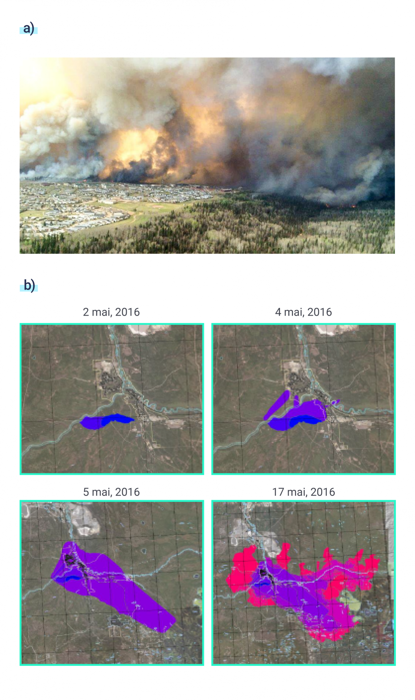 Photographie aérienne montrant des feux de forêt et des nuages de fumée à l’approche de la ville de Fort McMurray pendant le feu de forêt de 2016 à Horse River. Une série de quatre cartes des environs de Fort McMurray montrant la propagation du feu de forêt de Horse River du 2 au 14 mai 2016. Les cartes indiquent que le feu de forêt a pris naissance sous la forme d’un feu localisé au sud-ouest de la ville, puis qu’il s’est propagé vers le nord et l’est, entourant la ville et franchissant plusieurs rivières.