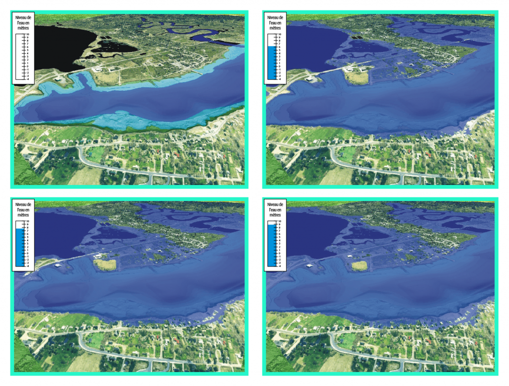 Vue aérienne générée par ordinateur des risques d’inondation à Annapolis Royal (Nouvelle-Écosse). La simulation montre l’étendue de l’inondation causée par l’onde de tempête qui a isolé le service d’incendie du reste de la collectivité.