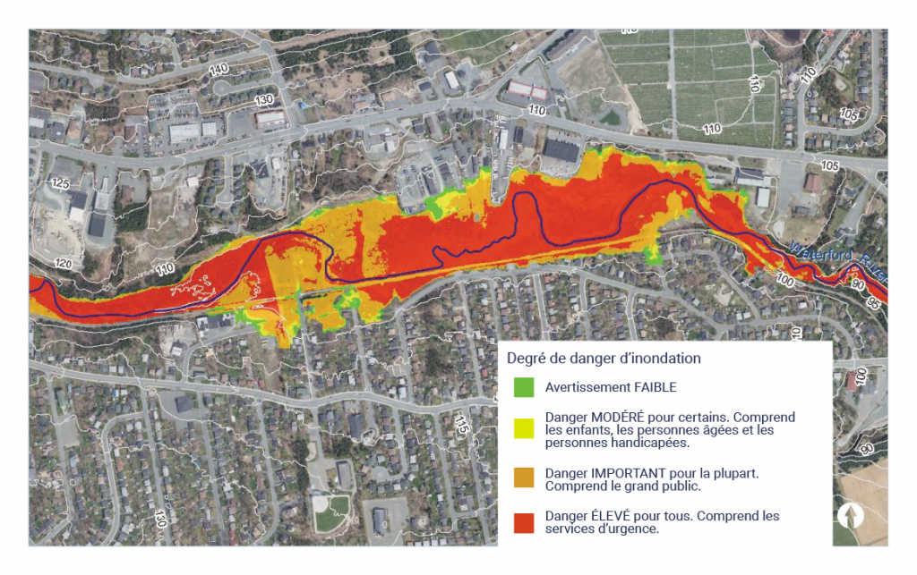 Photo aérienne des municipalités de Mount Pearl et de Paradise sur laquelle a été superposée la zone inondable.