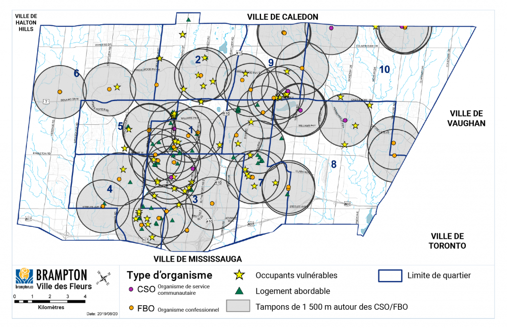 Carte indiquant l’emplacement des principales installations appartenant à des organismes confessionnels à Brampton (Ontario). Ces installations sont situées à proximité de populations vulnérables connues, ce qui les rend très utiles lors de phénomènes météorologiques extrêmes.