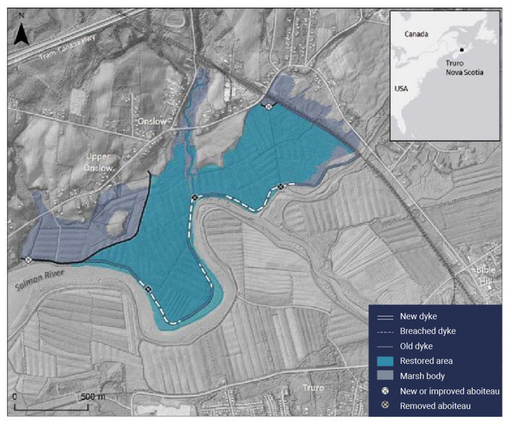 Map of the North Onslow marsh in Truro, Nova Scotia illustrating the extent of the area to be restored as a tidal wetland. The map shows that the removal of the old dyke allowed the marsh to be restored. New or improved aboiteaus and new dykes were constructed to protect the surrounding roads and farmland.