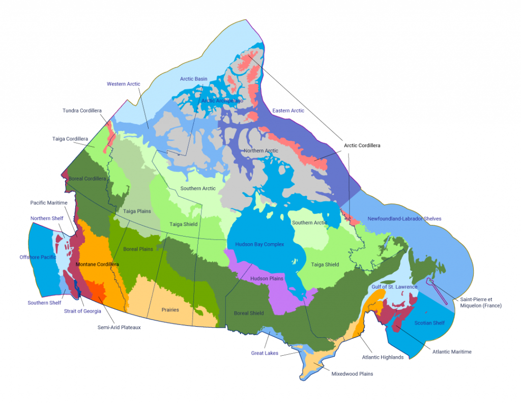 Map of Canada, including its coastal waters, which displays the 18 terrestrial ecozones, 12 marine ecozones, and 1 freshwater ecozones within the country. The Boreal Shield is one of the largest ecozones, extending from Newfoundland, through central Quebec and Ontario into Northern Saskatchewan. The Taiga Shield sits above the Boreal Shield and below the Southern Arctic. Baffin Island is classified as a Northern Arctic ecozone, and its northern coast is Tundra Cordillera. The Prairie provinces contain a Prairies ecozones in the south and Boreal Plains in the north. British Columbia is mostly a Montane Cordillera, with a Semi-Arid Plateaux in the south, and a Pacific Maritime ecozone on the west coast. The Yukon, Northwest Territories, and Nunavut contain Taiga Cordillera, Taiga Plains, Taiga Shield, and Sothern Arctic ecozones. The maritime provinces are classified as an Atlantic Maritime ecozone.