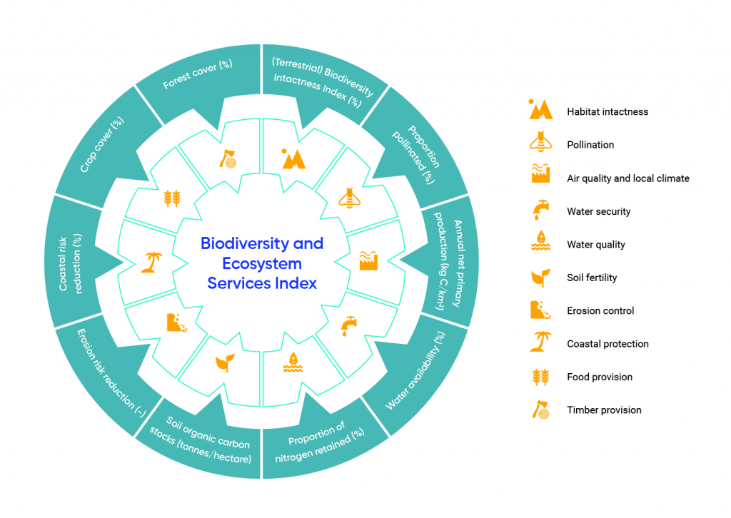 Circular diagram displays ten categories included in the Biodiversity and Ecosystem Services Index. The ten ecosystem services included are habitat intactness; pollination; air quality and local climate; water security; soil fertility; erosion control; coastal protection; flood provision; and, timber provision.