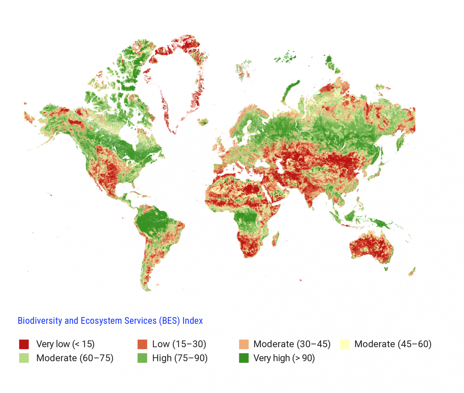 World map displays Biodiversity and Ecosystem Services (BES) Index values for different parts of the world. Very low BES values are shown in red and high BES values in green. Globally, the areas with the highest BES values are Canada, northern South America, central Africa, Northern Europe, Northern Asia, Papua New Guinea and Indonesia.