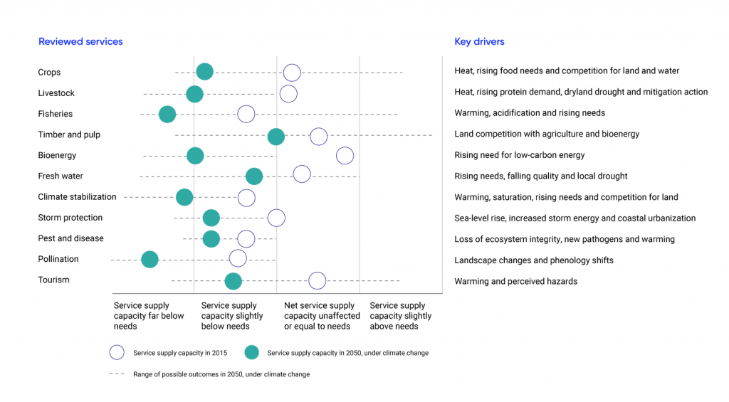 Diagram visually summarizes the relationship between supply and demand for 11 ecosystem services, at both the present time and around 2050, under climate change. The range of possible outcomes around the year 2050 is depicted with a horizontal bar. Crops, livestock, timber and pulp, bioenergy, fresh water, storm protection, and tourism services are currently meeting supply needs, but are predicted to have service supply capacity slightly below needs by 2050. Fisheries, climate stabilization, and pollination service supply capacity is currently slightly below needs and by 2050 is predicted to be far below needs. Pest and disease service capacity is predicted to decline, but remain slightly below needs.