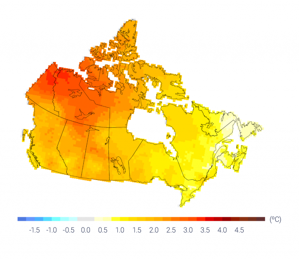 Map of Canada showing observed changes in annual temperature in degrees Celsius across Canada between 1948 and 2016. Most of Canada is approximately 1.0 degrees warmer. The Prairie region is between 1.5 and 2.0 degrees warmer. The Northwest Territories, Yukon, and western Nunavut are between 2.0 and 3.5 degrees warmer. Eastern Canada has experienced the least warming.