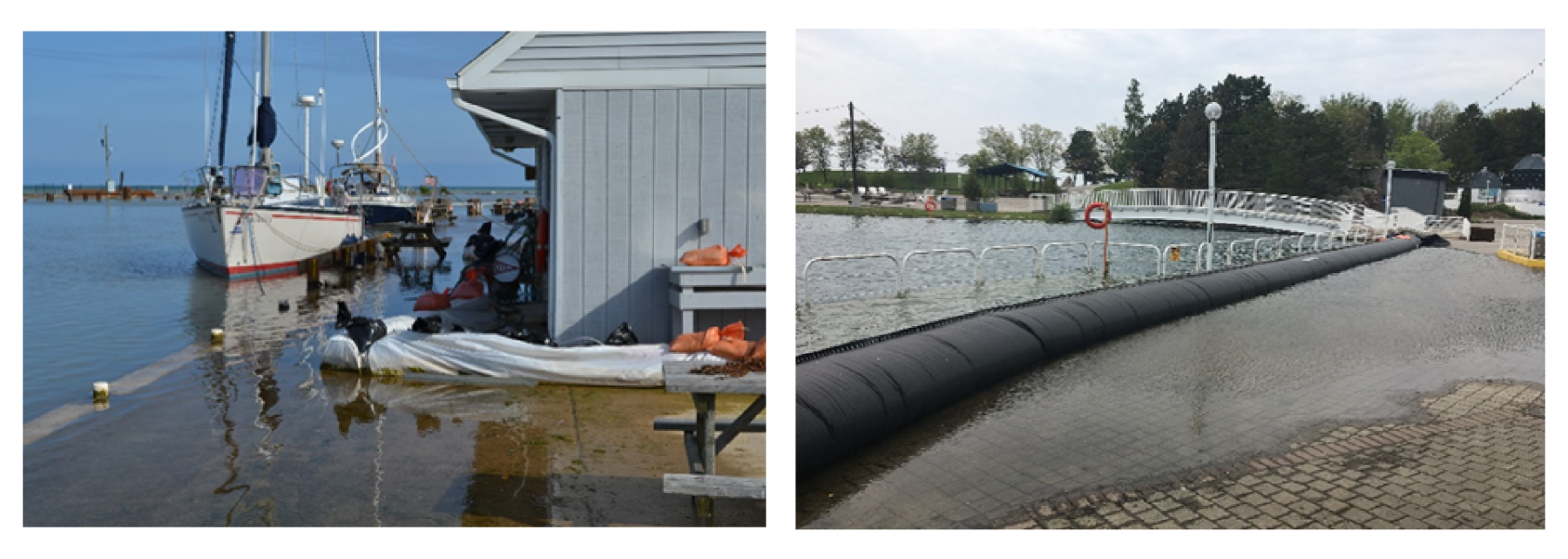 Left-hand photo shows a flooded dock with sandbags protecting a building. Right-hand photo shows a flooded stone walkway.