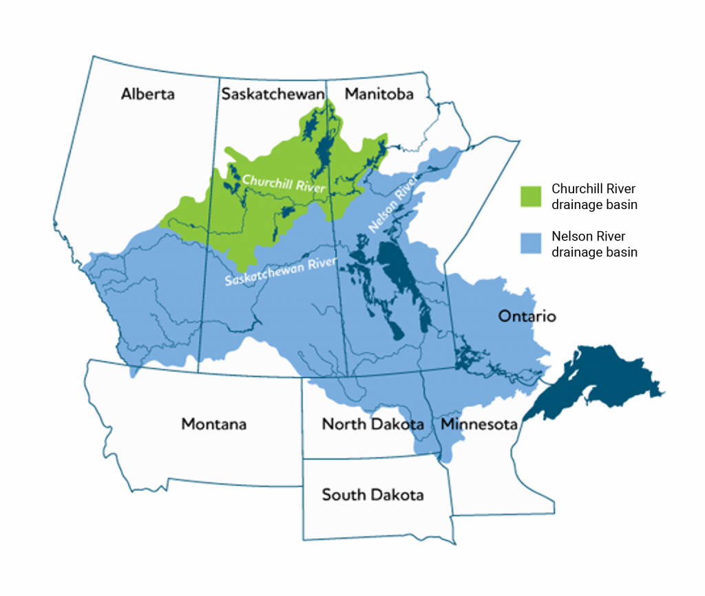 Map of the region including Alberta, Saskatchewan, Manitoba, Ontario, Montana, North Dakota, South Dakota, and Minnesota. The Churchill River drainage basin crosses northern Alberta, Saskatchewan, and Manitoba. The larger Nelson River drainage basin stretches from north-eastern Manitoba to south-western Alberta and south-eastern Ontario, Minnesota, and the Dakotas.