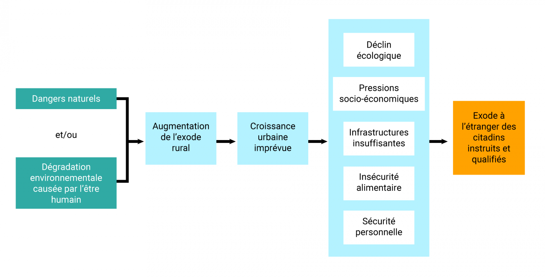 Organigramme montrant la façon dont les répercussions environnementales mènent à la migration humaine. La dégradation de l’environnement d’origine naturelle ou humaine entraîne une augmentation de l’exode rural et une croissance urbaine non planifiée. Cette situation entraîne un déclin écologique, des pressions socioéconomiques, des infrastructures inadéquates, une insécurité alimentaire et des problèmes de sécurité personnelle, ce qui pousse les citadins instruits et qualifiés à migrer à l’étranger.