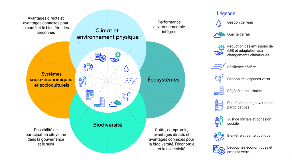 Le graphique illustre la manière dont les services écosystémiques sont coproduits par les écosystèmes, la biodiversité, les systèmes socioéconomiques et socioculturels, le climat et l’environnement physique. Lors de l’évaluation des services écosystémiques, il convient de prendre en compte les coûts, les compromis, les avantages et les avantages connexes pour la biodiversité, l’économie et la communauté, ainsi que le potentiel de participation des citoyens à la gouvernance et à la surveillance, les avantages et les avantages connexes pour la santé et le bien être humains, et le rendement environnemental intégré de l’écosystème.