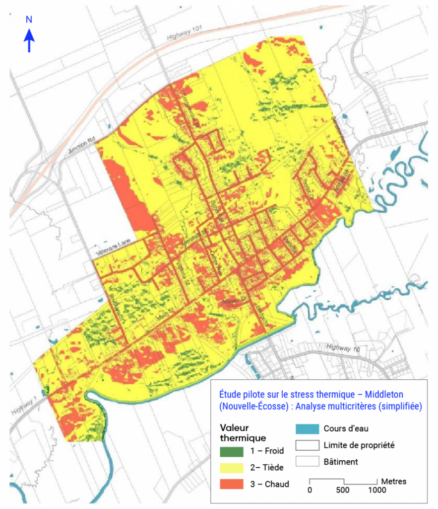 Carte des attributs des environnements naturels et bâtis à Middleton, Nouvelle-Écosse, et leur influence sur le refroidissement ou le réchauffement. Les attributs examinés comprennent le régime hydrologique, l’aspect, la circulation de l’air et les matériaux de surface.