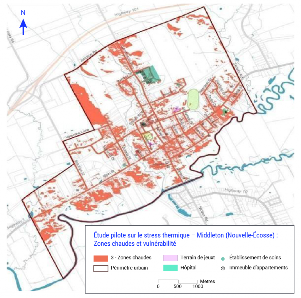 Emplacement des installations par rapport aux zones « chaudes » de Middleton, en Nouvelle-Écosse. Certaines installations soutiennent les populations vulnérables, notamment les personnes âgées et les personnes ayant besoin de soins de longue durée. D’autres zones sont des espaces pour les activités récréatives de plein air, exposés au soleil et à la chaleur.