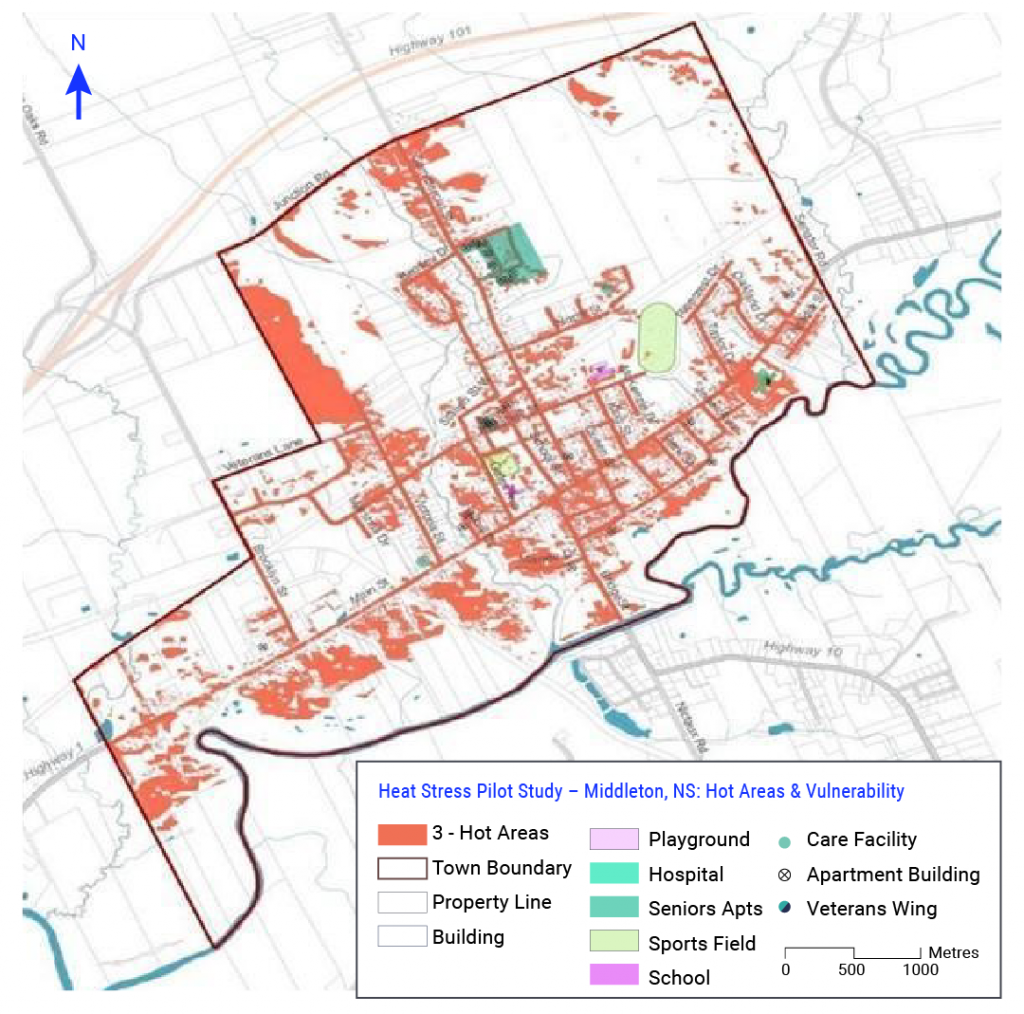 Map of Middleton, Nova Scotia with locations of hot areas marked in red. Facilities such as playgrounds, hospitals, care facilities, and apartment buildings are also shown on the map.