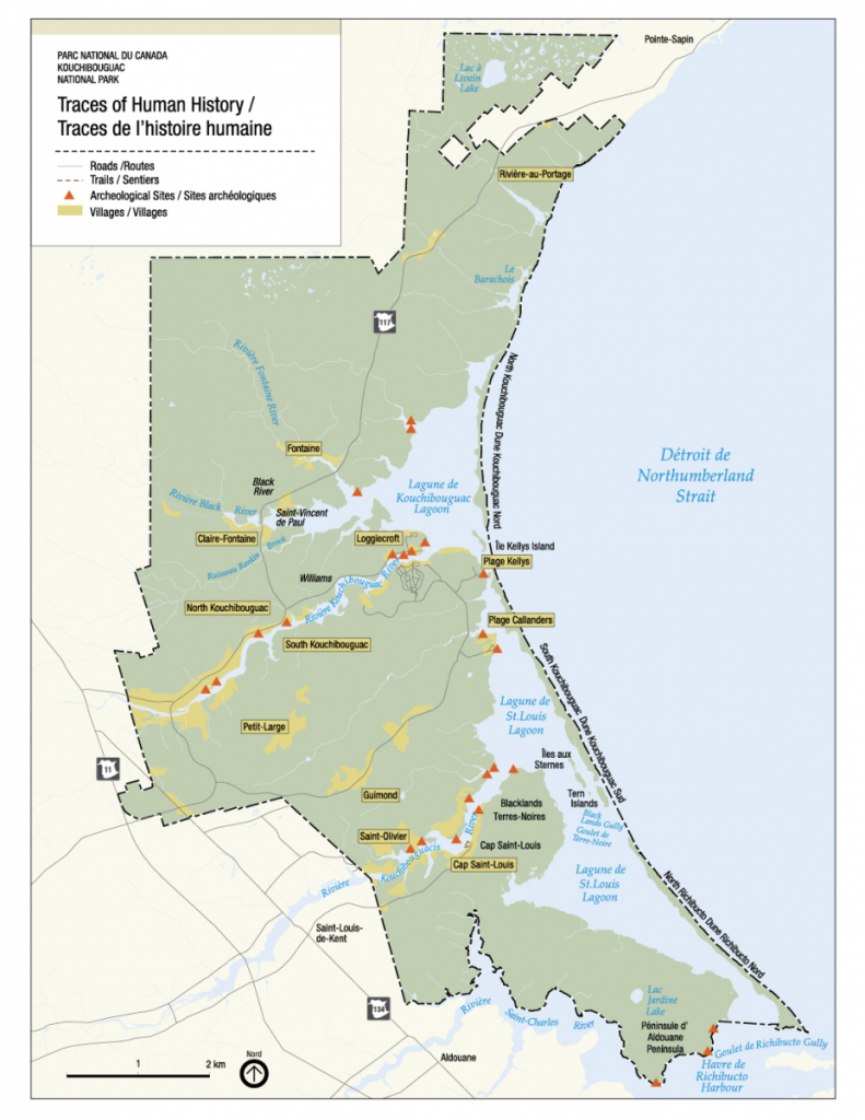 Map of Kouchibouguac National Park showing where traces of human history have been identified. Archaeological sites, villages, roads, and trails are marked on the map.