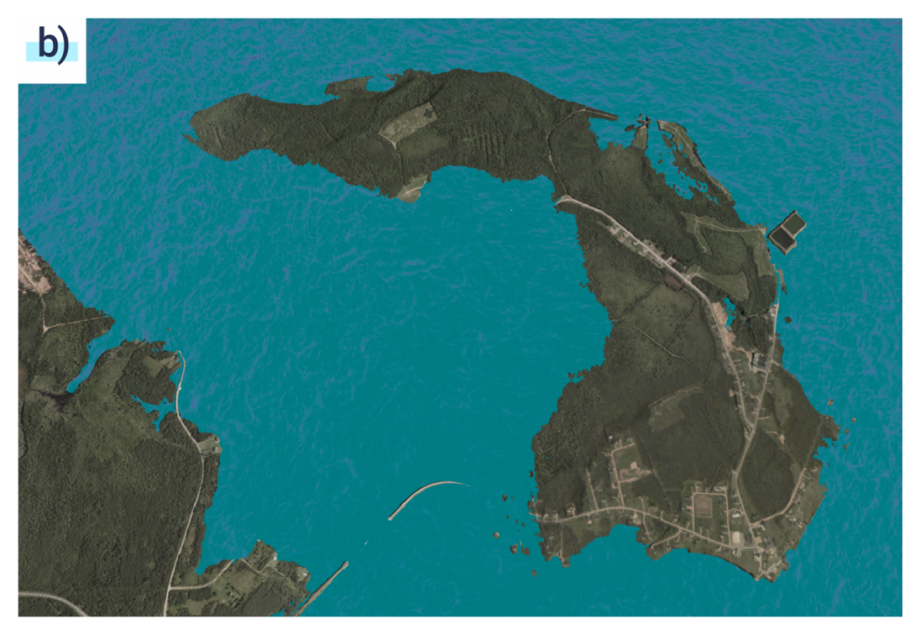 La deuxième projection d’élévation du niveau de la mer ou d’onde de tempête montre que tout le littoral de l’île est inondé et que sa taille est fortement réduite.