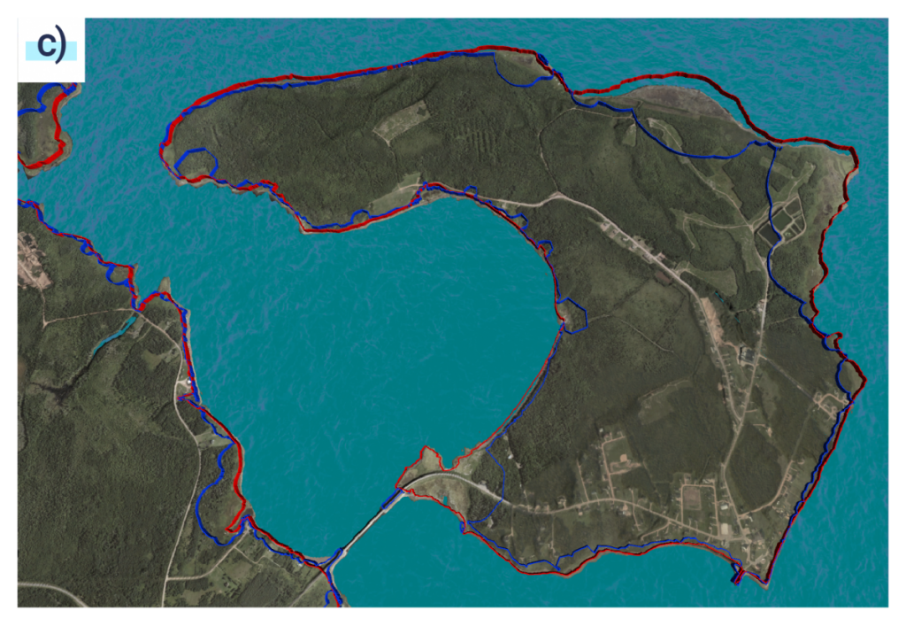 La troisième capture d’écran montre à quoi ressemblait le littoral en 1968, dont l’étendue était légèrement plus grande que celle d’aujourd’hui. La prévision de 2100 montre un littoral moins étendu.