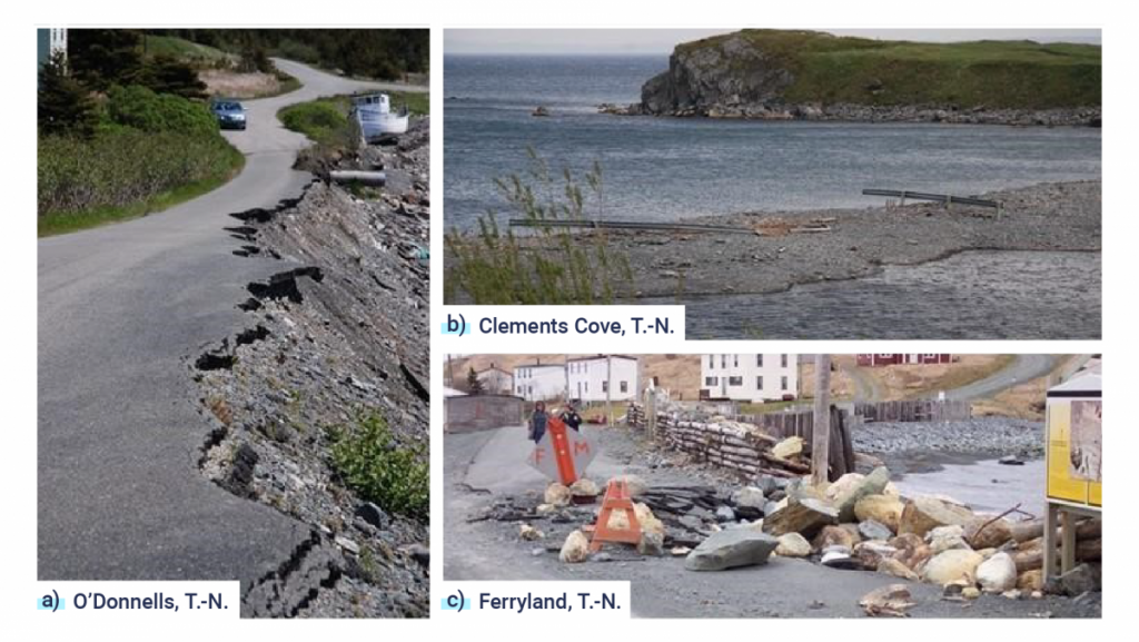 Trois photos de routes côtières endommagées à Terre-Neuve-et-Labrador. La première photo montre une route en cul-de-sac qui passe dans la communauté de O’Donnells et qui s’érode du côté droit. La deuxième photo montre la route qui longeait autrefois les vestiges du barachois à Clemens Cove. Les deux côtés de la route sont sous l’eau, mais il reste quelques glissières de sécurité en béton endommagées. La troisième photo montre le brise-lames qui protège la route du tombolo à Ferryland (Terre-Neuve-et-Labrador). La route est fortement érodée et de gros amas de roches se dressent entre la route et la mer.