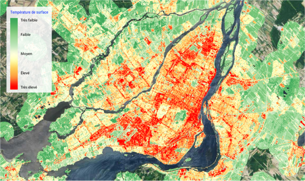 Carte de Montréal, Québec, montrant la température de surface et l'existence d'îlots de chaleur. L'île de Montréal contient les îlots de chaleur les plus grands et les plus chauds.