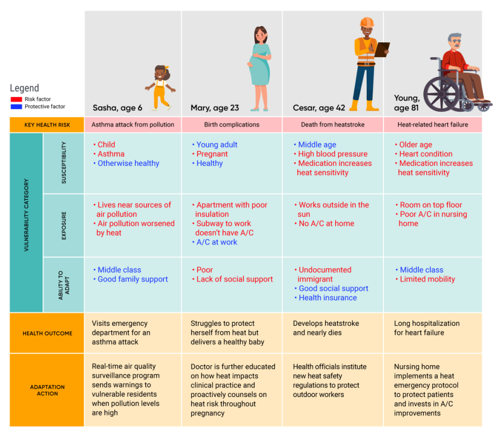 Table displaying four hypothetical scenarios that illustrate health vulnerabilities for different populations experiencing a heat wave. In the first scenario, Sasha, age six, has asthma and is exposed to sources of air pollution. An adaptation action in this scenario is real-time air quality surveillance that sends warnings to vulnerable residents when air pollution is high. In the second scenario, Mary, age 23, is at risk of birth complications due to her apartment having poor insulation and her commute to work not having A/C. An adaptation action in this scenario is for Mary’s doctor to be further educated on how heat impacts their clinical practice. In the third scenario, Cesar, age 42, is at risk of death from heatstroke due to his high blood pressure, medication, working outdoors and not having A/C at home. An adaptation action in this scenario is for health officials to institute new heat safety regulations to protect outdoor workers. In the final scenario, Young, age 81, is at risk of heat-related heart failure due to his older age, heart condition, medication, and living in a room with poor A/C. An adaptation action in this scenario is for Young’s nursing home to implement a heat emergency protocol to protect patients and to improve access to A/C.