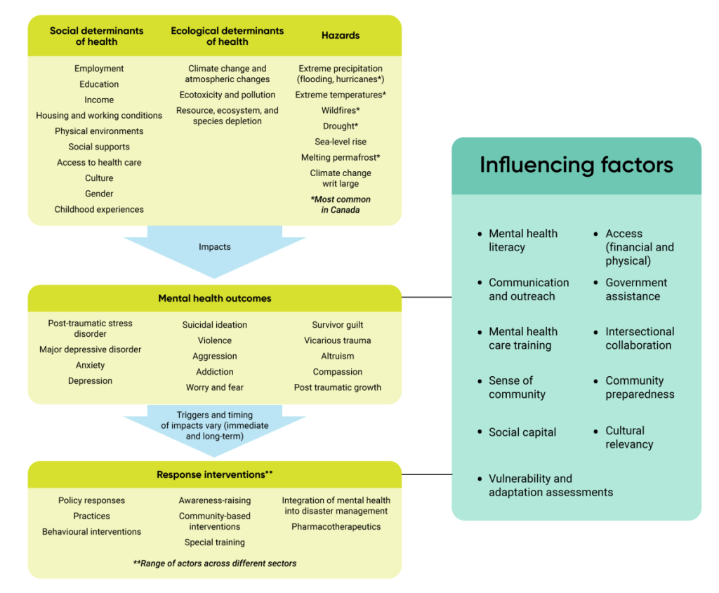 Diagram showing how social (for example, employment, income, working conditions, social supports, and access to healthcare) and ecological determinants of health (for example, climate change, atmospheric changes, ecotoxicity and pollution) impact mental health outcomes (for example, PTSD, MDD, anxiety, depression, addiction, and compassion). Response interventions to triggers and impacts include policy responses, behavioural interventions, awareness-raising, special training, and integration of mental health into disaster management. Influencing factors on mental health outcomes and response interventions include mental health literacy, social capital, government assistance, and cultural relevancy.