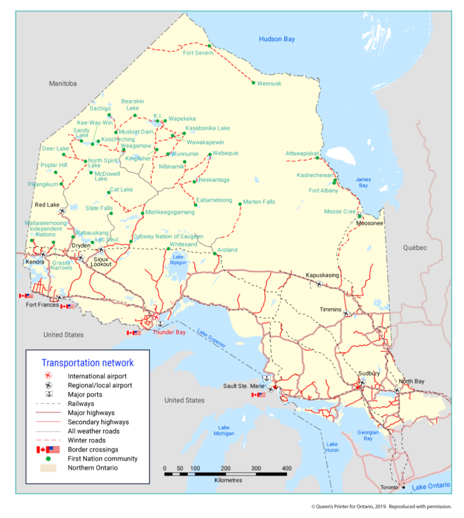 Map of Ontario showing the province’s transportation network. International, regional, and local airports, major ports, railways, major and secondary highways, all weather roads, and winter roads are included. The map also shows border crossings with the USA and the locations of First Nation communities.