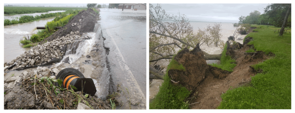 À gauche, une photo de falaises en érosion et d'eau se précipitant sur une route endommagée dans une zone humide. À droite, l'inondation d'Erie Shore Drive, où le rivage herbeux d'un parc s'enfonce dans le lac avec des arbres déracinés.