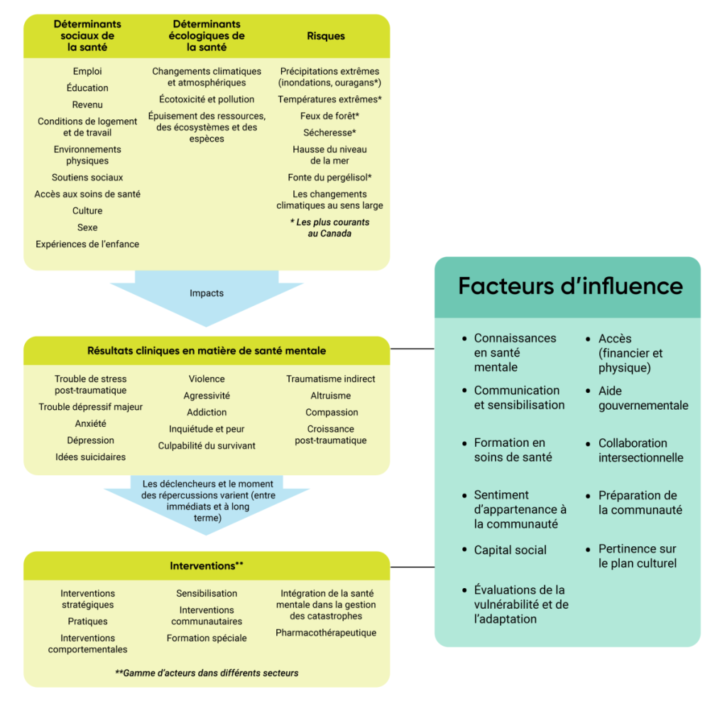 Diagramme montrant comment les déterminants sociaux (par exemple, l'emploi, le revenu, les conditions de travail, les soutiens sociaux et l'accès aux soins de santé) et écologiques de la santé (par exemple, le changement climatique, les changements atmosphériques, l'écotoxicité et la pollution) influent sur les résultats de la santé mentale (par exemple, le SSPT, le TDM, l'anxiété, la dépression, la dépendance et la compassion). Les interventions de réponse aux déclencheurs et aux impacts comprennent des réponses politiques, des interventions comportementales, des actions de sensibilisation, des formations spéciales et l'intégration de la santé mentale dans la gestion des catastrophes. Les facteurs qui influencent les résultats en matière de santé mentale et les interventions comprennent la connaissance de la santé mentale, le capital social, l'aide gouvernementale et la pertinence culturelle.