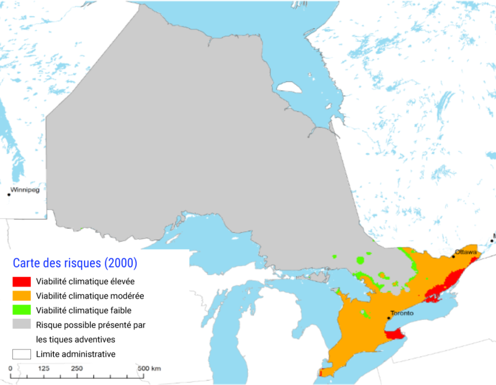 Carte de l'Ontario montrant les zones qui conviennent sur le plan climatique à la tique à pattes noires, vecteur de la maladie de Lyme. De 1971 à 2000, le sud-ouest et l'est de l'Ontario présentaient une convenance modérée, avec des poches de convenance élevée dans la région la plus orientale de la province. D'ici 2080, on prévoit que la majorité de la province aura un climat propice, avec un climat très propice dans l'ensemble du sud et du centre de l'Ontario.