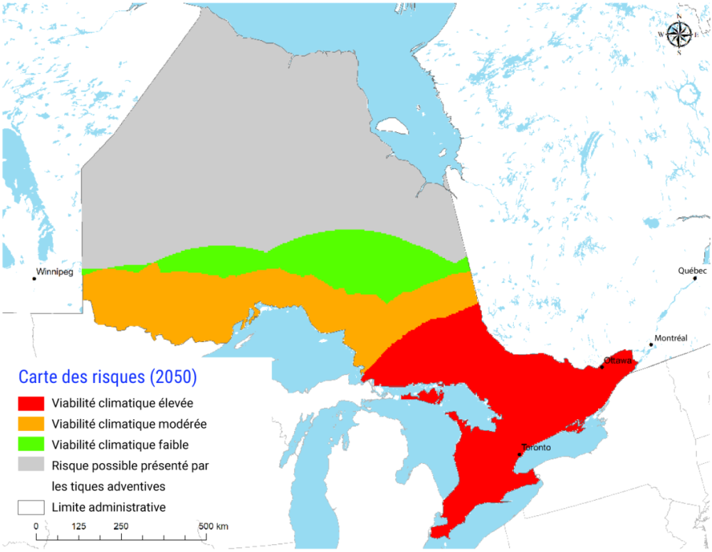 Carte de l'Ontario montrant les zones qui conviennent sur le plan climatique à la tique à pattes noires, vecteur de la maladie de Lyme. De 1971 à 2000, le sud-ouest et l'est de l'Ontario présentaient une convenance modérée, avec des poches de convenance élevée dans la région la plus orientale de la province. D'ici 2080, on prévoit que la majorité de la province aura un climat propice, avec un climat très propice dans l'ensemble du sud et du centre de l'Ontario.