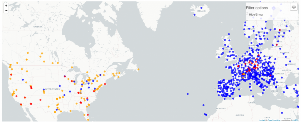 A global map of southeastern Canada, the United States of America, Europe, and northern Africa depicting pollen and fungal spore monitoring stations. The map shows few stations in Canada and all are manual sampling stations. Europe has a significant number of stations with almost all stations being Hirst sampling stations and a few automatic sampling stations.