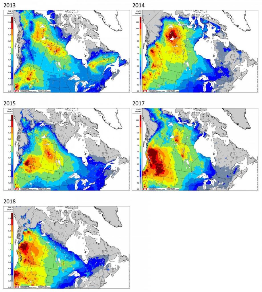 Five maps of Canada with colour shading indicating wildfire PM2.5 concentrations (May to September) for the years 2013 to 2015, and 2017 to 2018. The shading ranges from grey, for concentrations of 0.0 µg/m3; to dark blue, for concentrations of 0.3 µg/m3; to light blue, for concentrations of 0.7 µg/m3; to green, for concentrations of 1.0 µg/m3; to yellow, for concentrations of 2.0 µg/m3; to dark orange, for concentrations of 5.0 µg/m3; to light red, for concentrations of 10.0 µg/m3; to dark red, for concentrations of 15.0 µg/m3. In all five images, the highest concentrations of PM2.5 appear primarily in the west and northern parts of the county. In 2013, much of Canada is shaded in blue, with light orange shading extending from central regions of the Northwest Territories through the northern regions of Saskatchewan and Manitoba. In 2014, dark red spots occur in central regions of the Northwest Territories and central British Columbia. In 2015, the southeastern corner of British Columbia is shaded in dark red. In 2017, southern and central British Columbia are shaded in dark red. In 2018, central British Columbia is shaded in dark red, while the rest of the province is shaded mostly in orange and yellow. Much of Alberta is shaded in orange.