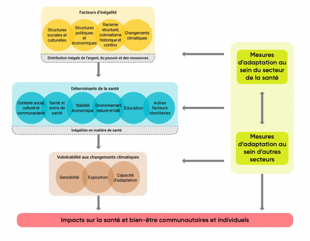 Schéma illustrant les liens entre le changement climatique et l’équité en santé. Du haut vers le bas, les facteurs d’inégalité comprennent les structures sociales et culturelles, les structures politiques et économiques, le racisme structurel, le colonialisme et les changements climatiques. Les moteurs agissent sur les déterminants de la santé qui contribuent à la vulnérabilité d’une personne face aux changements climatiques. L’ensemble de ces faits a une incidence sur la santé et le bien-être des collectivités et des personnes. Les mesures d’adaptation aux changements climatiques, mises en œuvre à l’intérieur ou à l’extérieur du secteur de la santé, peuvent influencer positivement ou négativement l’état des déterminants de la santé ou la vulnérabilité aux changements climatiques.