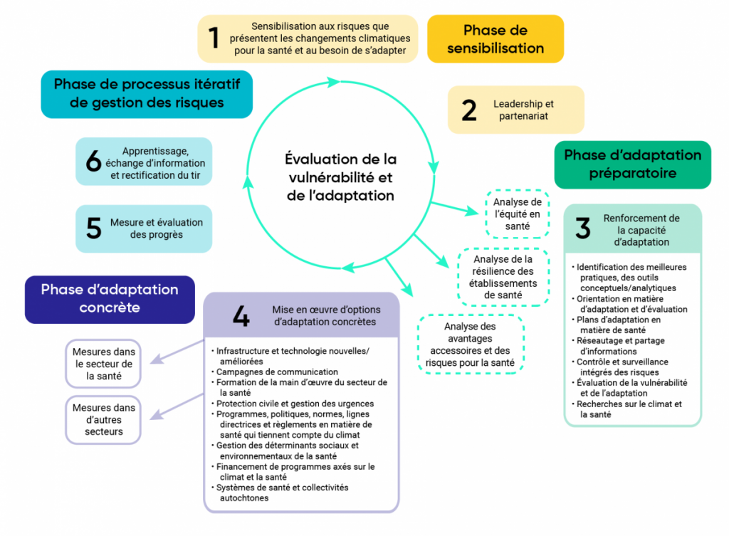 Schéma présentant le cadre d’évaluation et d’adaptation pour créer des systèmes de santé résilients face aux changements climatiques. Ce cadre met en évidence les phases que traversent les décideurs en matière de santé lorsqu’ils s’adaptent aux risques climatiques. Les étapes sont les suivantes : 1. Sensibilisation aux risques que présentent les changements climatiques et au besoin de s’adapter 2. Leadership et partenariat 3. Renforcement de la capacité d’adaptation 4. Mise en œuvre d’options d’adaptation concrètes 5. Mesure et évaluation des progrès 6. Apprentissage, échange d’information et rectification du tir