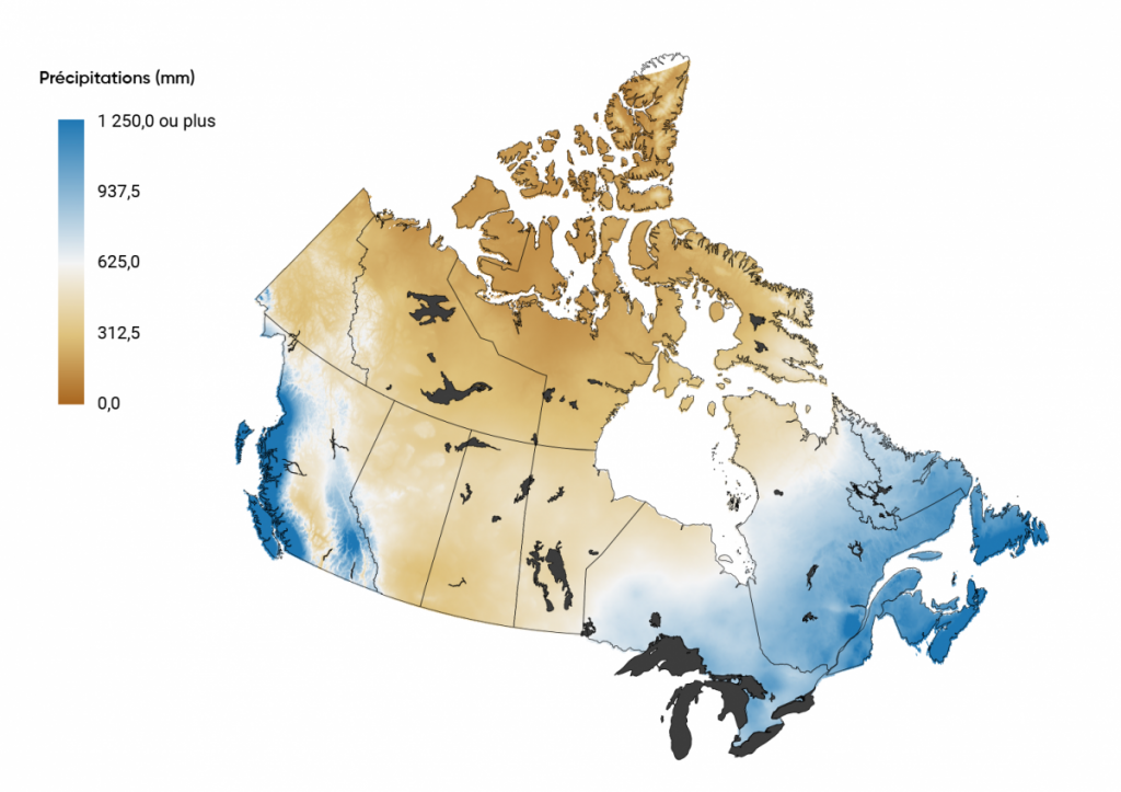 Carte du Canada avec ombres de couleur indiquant les changements dans les précipitations annuelles totales pour 2021 à 2050 dans le cadre d’un scénario d’émissions élevées de RCP 8.5. L’échelle de couleurs va du brun foncé, pour des précipitations de 0,0 mm, au brun clair, pour des tendances d’environ 312,5 mm, au blanc, pour des tendances de 625,0 mm, au bleu clair, pour des tendances d’environ 937,5 mm, au bleu foncé, pour des tendances d’environ 1 250,0 mm ou plus. La côte ouest et la partie sud-est de la Colombie-Britannique sont ombragées en bleu foncé. Les provinces des Prairies sont ombragées en brun clair; le nord du Canada est ombragé en brun clair, le brun foncé étant utilisé pour la majeure partie de l’Arctique. L’Ontario et le Québec sont ombragés en bleu clair. Les Maritimes sont ombragées en bleu foncé.