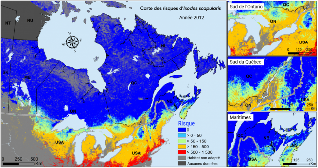 Cartes des risques liés à la maladie de Lyme dans l’est du Canada en fonction du risque de populations d’Ixodes scapularis, grâce aux données d’observation de la Terre sur la qualité du climat et de l’habitat. Ces cartes des risques présentent des ombrages de couleur qui illustrent l’adéquation environnementale pour les tiques vectrices de la maladie de Lyme Ixodes scapularis dans l’est et le centre du Canada à l’aide de données d’observation de la Terre approximatives pour la température (degrés-jours cumulatifs annuels supérieurs à 0 °C) et l’habitat boisé. La carte des risques montre un risque modéré à modérément élevé pour le sud de l’Ontario, le Québec et les provinces maritimes.