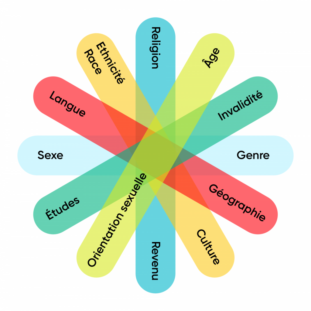 Schéma illustrant les facteurs d’identification qui se croisent. Il s’agit de la religion, de l’âge, de l’invalidité, du genre, de la géographie, de la culture, du revenu, de l’orientation sexuelle, des études, du sexe, de la langue et de l’ethnicité/race.